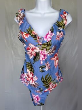 Kona Sol Floral One Piece Swimsuit Medium Blue Pink Ruffle NWT